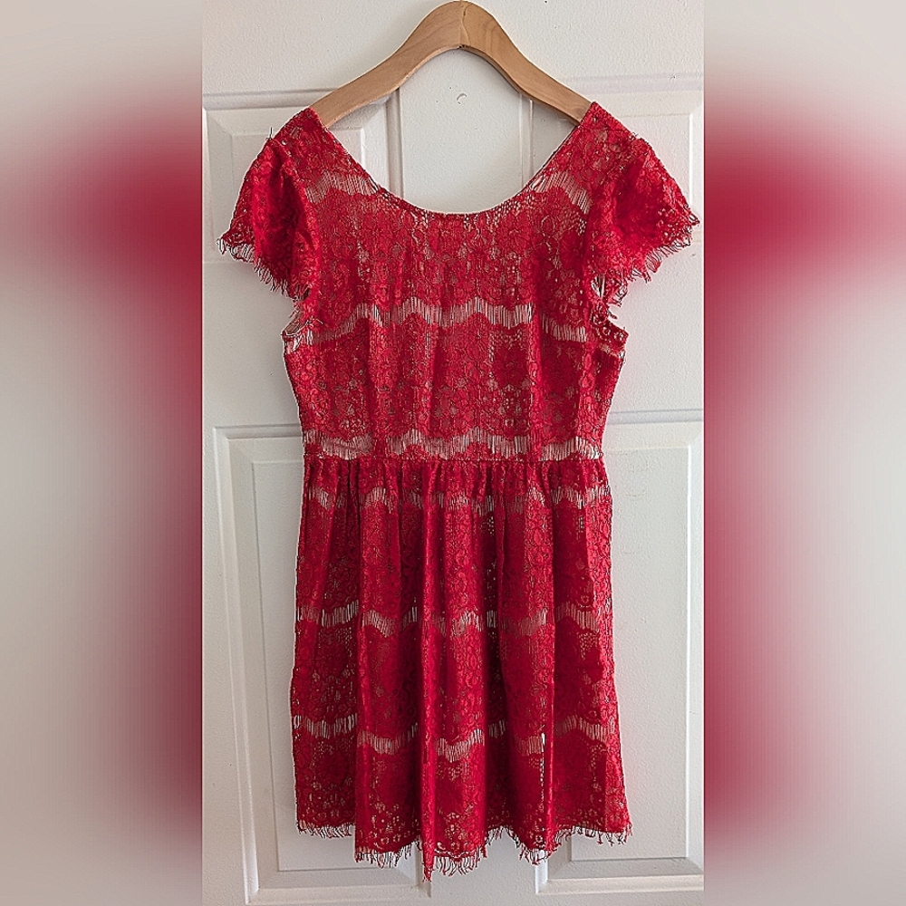 Peach Red Lace Mini Dress With Swing Skirt
